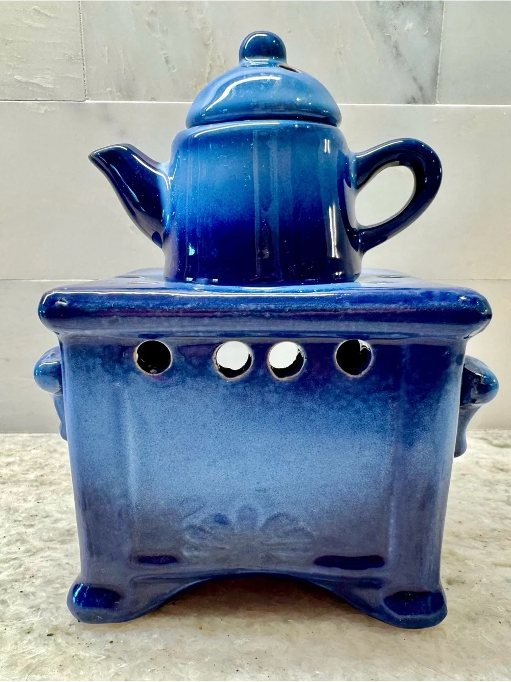 New Rustic Blue Ceramic Stove & Tea Pot Tea Light Candle Oil Warmer Diffuser 6”